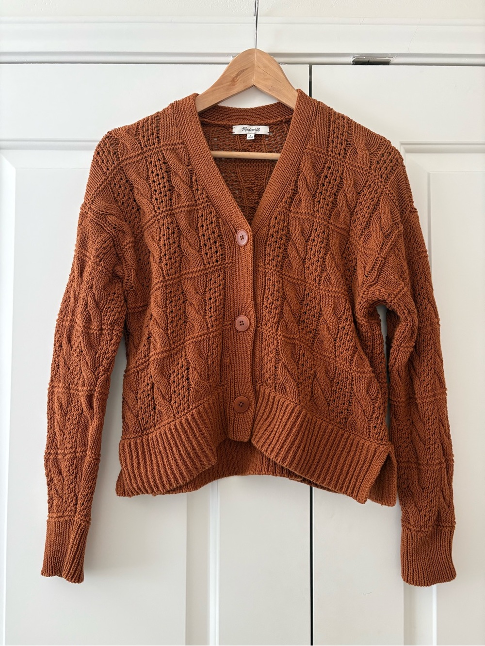 Madewell Cable Knit Button-Front Cardigan — Rust/Cognac